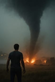 A man stands alone in the dark as a fiery tornado rages ahead in a stormy landscape. Powerful visual for use in climate topics, disaster scenarios, and emotional or cinematic storytelling