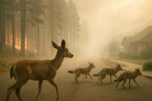 Deer and several coyotes urgently crossing a road as wildfire engulfs nearby forests, approaching residential houses. Perfect for environmental topics, disaster prevention, or emotional storytelling.