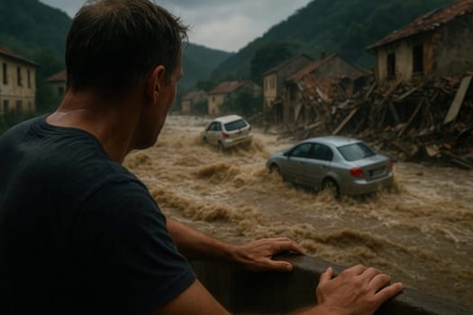 Man observing powerful flood waters carrying vehicles through a devastated town, highlighting a sense of urgency and crisis. Ideal for climate-change narratives and emergency preparedness content