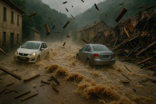 Chaotic scene of severe flooding carrying vehicles and flying debris through a ruined town. Ideal for climate change awareness, natural disaster coverage, or emergency preparedness content