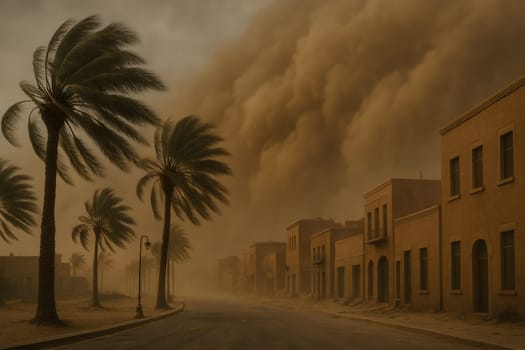 Palm trees bend in fierce winds as a sandstorm engulfs a quiet desert town, creating a dramatic and cinematic atmosphere. Perfect for climate, disaster, or environmental storytelling