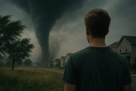 A man stands frozen as a dark tornado spins toward a peaceful suburban street. Ideal for emergency awareness, climate crisis storytelling, and disaster preparedness campaigns