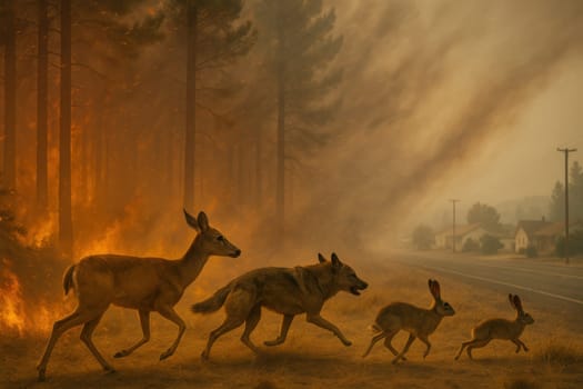 Deer, wolves, and rabbits flee through dry grass as a wildfire spreads near a forest and nearby village. Powerful visual for climate emergency, wildlife danger, and environmental crisis themes