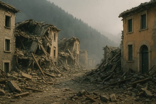 Stone buildings in a mountain village lie in ruins after a devastating earthquake, with debris and collapsed structures lining the path. Ideal for disaster-related stories, crisis awareness, and cinematic scenes