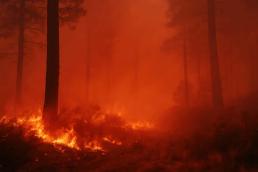 A wildfire blazes across a forest floor, lighting up trees and smoke in vivid red-orange tones. Ideal for illustrating the urgency of climate change and wildfire season impact