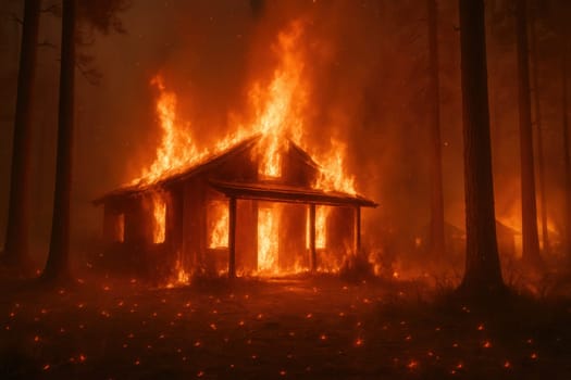 A small wooden house burns intensely in a wildfire deep in the forest, with flames and sparks illuminating the night. Powerful image for emergency, news, and climate change content