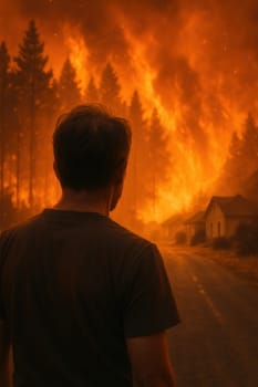 A man watches in silence as towering flames from a wildfire threaten village homes and forests. A compelling image for use in climate crisis narratives and emotional environmental themes