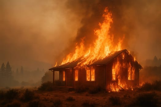 A house is completely engulfed in fire as a devastating forest wildfire spreads in the background. Perfect for illustrating environmental disasters, fire emergencies, and climate-related crises