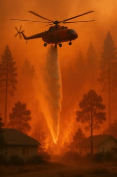 Aerial firefighting helicopter drops water over intense wildfire threatening nearby homes in a dense forest. Strong image for use in emergency, climate, and rescue-related content