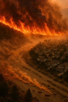 Dramatic scene of horses running from wildfire sweeping down a hillside near suburban homes. Ideal for climate crisis themes, emergency visuals, or editorial use