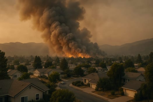 A dramatic aerial view of wildfire smoke approaching a residential community at dusk. Great for themes of climate risk, urban safety, environmental catastrophe, and news visuals