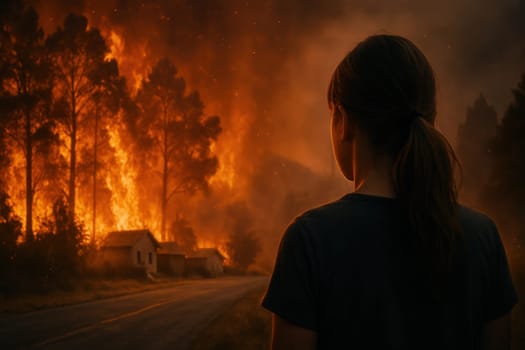 A young girl watches as a massive wildfire engulfs the forest near village homes. Ideal for content about climate change, natural disasters, emotional storytelling, and environmental impact