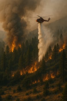 A helicopter drops water over a burning forest during a wildfire. Perfect for themes of climate crisis, firefighting efforts, natural disaster response, and environmental protection