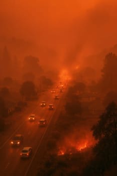 Cars move through thick orange wildfire smoke as flames burn near the road. Ideal for stories on evacuation, climate crisis, fire danger, disaster preparedness, and environmental emergencies