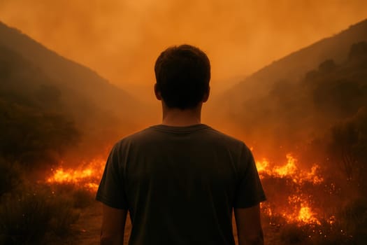 A man stands alone watching a wildfire rage through a smoky mountain valley. Ideal for projects on environmental crisis, survival, natural disasters, and climate emergency topics