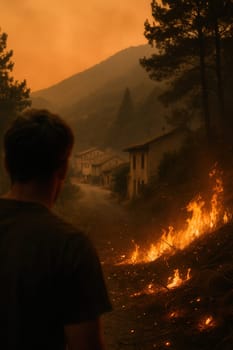 A man observes as wildfire flames approach an abandoned mountain village, surrounded by smoke and forested hills. Powerful visual for topics on disaster, danger, survival, and environmental awareness