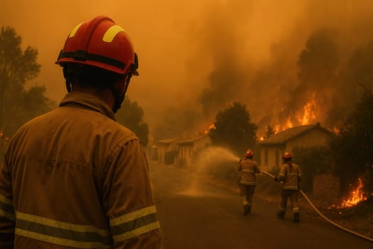 Firefighters spray water on a raging wildfire as it approaches houses in a rural village. A powerful image capturing danger, bravery, and disaster response in an environmental crisis