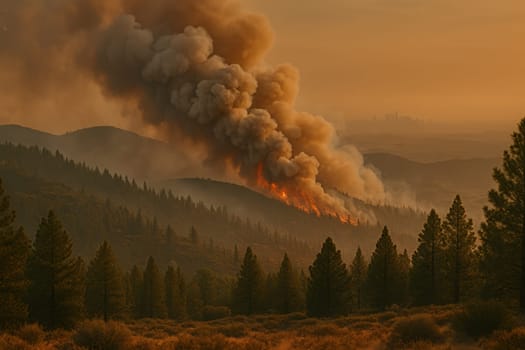 Wildfire raging across forested mountains under a hazy orange sky at sunset. Perfect for illustrating climate change, emergency response, deforestation issues, or news-related stories