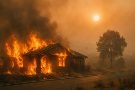 A house consumed by wildfire flames with thick smoke and orange sunlight in the background. Powerful image for illustrating climate emergencies, natural disasters, and fire hazards