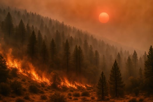Wildfire sweeps through a forested mountainside beneath an orange sun. Atmospheric and dramatic, this image is perfect for illustrating climate change, nature disasters, and wildfire awareness