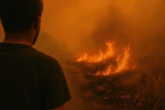 A man stands at the edge of a wildfire, watching flames advance along a smoky hillside trail. Great for use in environmental journalism, climate awareness projects, and crisis visuals