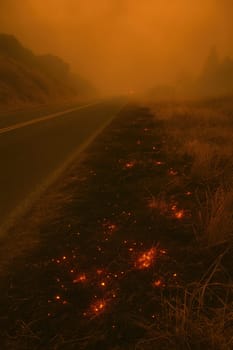 Glowing embers dot the roadside as wildfire smoke turns the sky orange. Ideal for environmental crisis themes, climate change impact, fire aftermath, and public safety campaigns