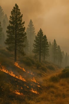 Wildfire slowly burning through a dry hillside with pine trees and smoke-filled atmosphere. Ideal for climate awareness, wildfire prevention campaigns, or editorial use on natural disasters
