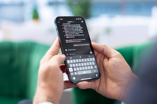 Bucharest, Romania - July 30th 2024 - Boss uses the AI virtual assistant via mobile phone app, using artificial intelligence to provide real time solutions. Efficient data analysis bot.