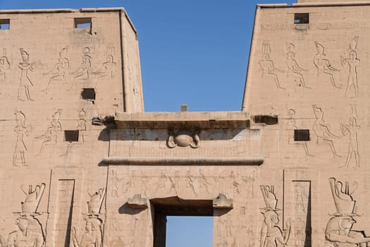 Detail of the carved images on the entrance of the massive temple in Edfu dedicated to Horus and Hathor