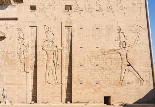Detail of the carved images on the entrance of the massive temple in Edfu dedicated to Horus and Hathor