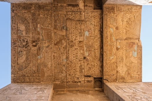 Detail of the carved images on the sides and roof of the massive temple in Edfu dedicated to Horus and Hathor