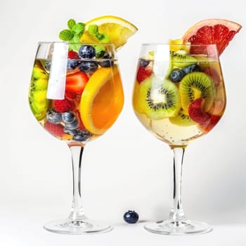 Two transparent glasses filled with colorful cocktails featuring fresh fruits like strawberries, kiwi, and lemon slices stand out against a bright background, perfect for a summer gathering.