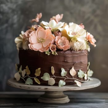 This exquisite cake features a rich chocolate frosting, beautifully decorated with delicate green and pink flowers, making it ideal for special occasions like weddings or birthdays.