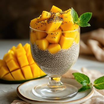 A delightful dessert featuring layers of creamy chia seeds topped with fresh, diced mango and garnished with mint leaves. The vibrant mango contrasts beautifully with the texture of the chia seeds.