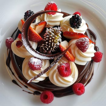 A beautifully crafted dessert showcases layers of chocolate, whipped cream, and an assortment of fresh berries. This exquisite creation highlights the skill of a pastry chef in a kitchen.