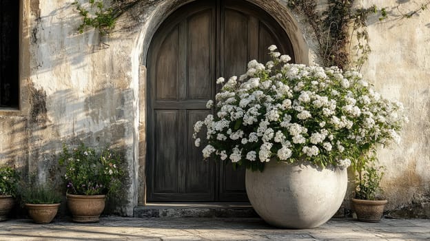 A large round planter filled with white flowers stands prominently next to a rustic wooden door. Smaller potted plants enhance the serene ambiance of the charming outdoor space.