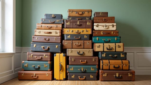 A collection of vintage suitcases in various colors and sizes is arranged in a cozy room with a soft green wall, creating an inviting atmosphere. Generative AI.