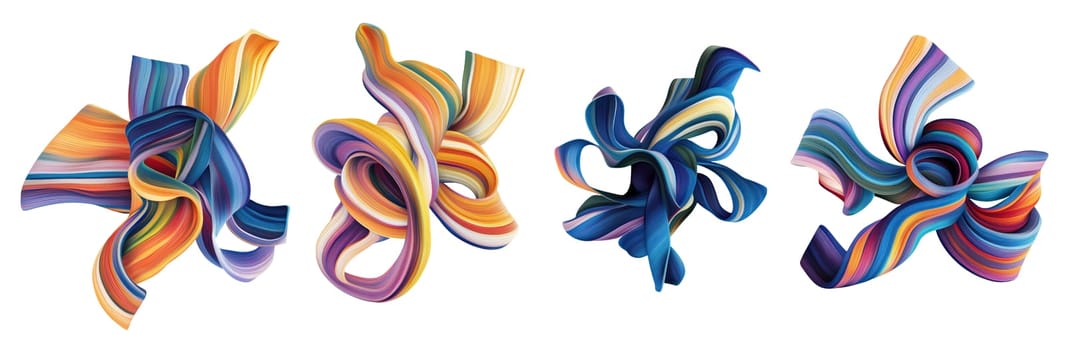 Dynamic ribbons in vibrant colors twist and intertwine, creating an engaging abstract composition. The smooth curves and layered hues evoke a sense of movement and creativity in this artwork.