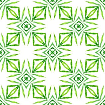 Watercolor ikat repeating tile border. Green likable boho chic summer design. Textile ready wonderful print, swimwear fabric, wallpaper, wrapping. Ikat repeating swimwear design.