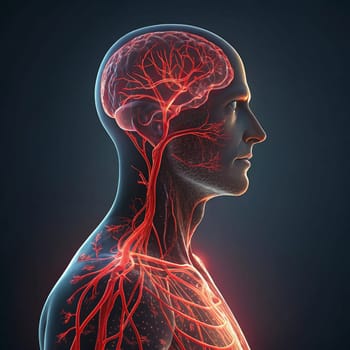 3D rendering of a human head and torso, highlighting the intricate network of blood vessels in the brain and upper body. A high-quality AI-generated photo.