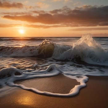 Photograph of a wave breaking on a sandy beach at sunset, showcasing the foam and texture of the water and sand. A high-quality AI-generated photo.