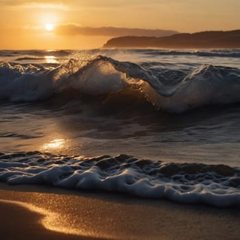 Photograph of a wave breaking on a sandy beach at sunset, showcasing the texture of the water and sand. A high-quality AI-generated photo.