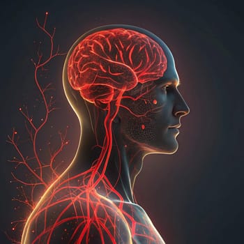 3D rendering of a human head and torso, with glowing red neural pathways and synapses emanating from the brain. A high-quality AI-generated photo.