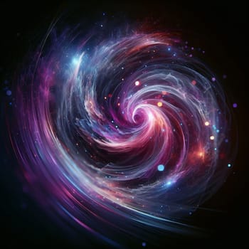 Abstract image of a swirling galaxy or nebula with vibrant colors and glowing particles. A high-quality AI-generated photo.