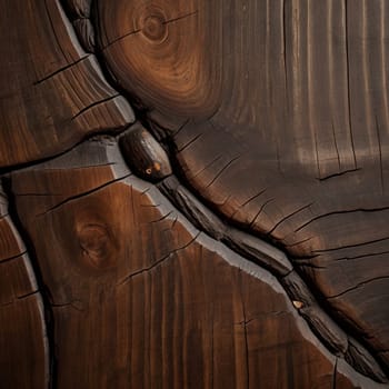 Close-up texture of dark brown wood with prominent grain, knots, and cracks, showing signs of age and weathering. A high-quality AI-generated photo.
