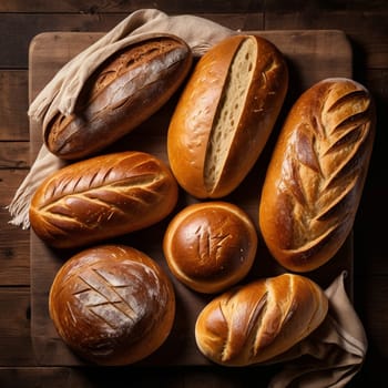 Overhead shot of various loaves of artisan bread arranged on a wooden board. A high-quality AI-generated photo.