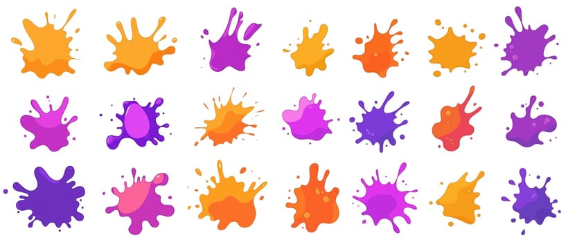 Bright orange, purple, and pink paint splashes are arranged in a grid, showcasing various shapes and sizes.