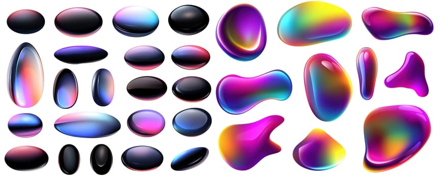 An array of colorful and abstract shapes are displayed, showcasing fluid forms and a rich spectrum of hues. These elements create a visually striking composition filled with dynamic energy.