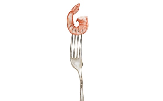 Shrimp on a fork watercolor. Hand drawn crustacean on isolated white background. Food clip art. Ideal for restaurant menus, product packaging and cookbook design. High quality illustration