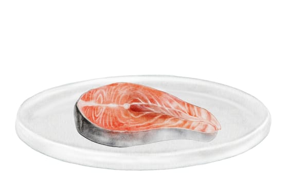 Salmon steak on a white plate watercolor. Hand drawn red fish fillet on white background. Food clip art. Ideal for farm fish packaging design, restaurant menus and culinary blogs. High quality illustration